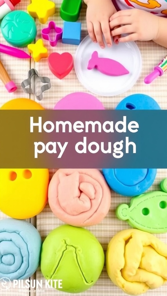 Vibrant homemade play dough in various colors, with cookie cutters and crafting tools, in a fun workspace.